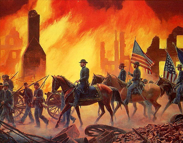 Painting: "War Is Hell" by Mort Kunstler, depicting Sherman in Atlanta